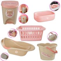 Kit Banho Baby Bebê Infantil Menina Banheira Saboneteira Cesto Lixeiras Balde Kit Banho Baby Bebê Infantil Menina Banheira Saboneteira Cesto Lixeiras Balde