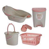 Kit Banho Baby Bebê Infantil Menina Banheira Saboneteira Cesto Lixeiras Balde