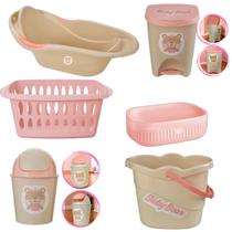 Kit Banho Baby Bebê Infantil Menina Banheira Saboneteira Cesto Lixeiras Balde