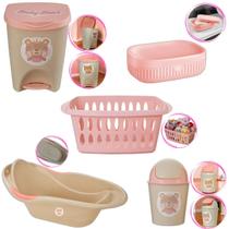 Kit Banho Baby Bebe Infantil Menina Banheira Saboneteira Cesto Lixeiras Kit Banho Baby Bebe Infantil Menina Banheira Saboneteira Cesto Lixeiras