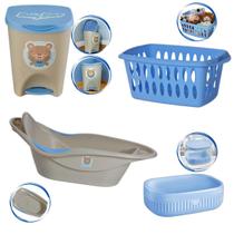 Kit Banho Baby Bebê Infantil Menino Banheira Saboneteira Cesto Lixeira