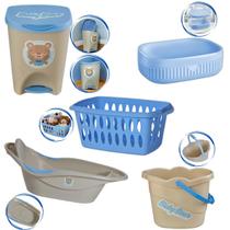 Kit Banho Baby Bebê Infantil Menino Banheira Saboneteira Cesto Lixeiras Balde