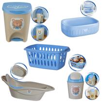 Kit Banho Baby Bebê Infantil Menino Banheira Saboneteira Cesto Lixeiras