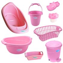 Kit banho bebe 8 peças banheira balde bacia lixeira organizador cesto saboneteira porta algodão