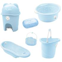Kit banho bebe adoleta banheira + saboneteira bacia e outros azul
