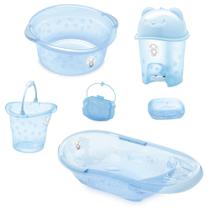 Kit banho bebe adoleta banheira + saboneteira bacia e outros azul translúcido