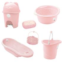 Kit banho bebe adoleta banheira + saboneteira bacia e outros rosa
