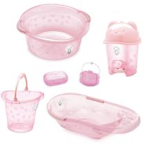 Kit banho bebe adoleta banheira + saboneteira bacia e outros rosa translúcido