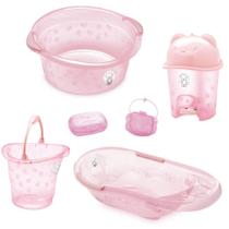 Kit banho bebe adoleta banheira + saboneteira bacia e outros rosa translucido - LET BABY BOLSAS DE MATERNIDADE