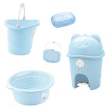 Kit banho bebe adoleta saboneteira + balde bacia lixeira e outros azul