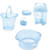 Kit banho bebe adoleta saboneteira + balde bacia lixeira e outros azul translúcido