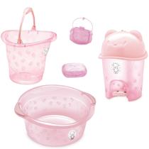 Kit banho bebe adoleta saboneteira + balde bacia lixeira e outros rosa translúcido - LET BABY BOLSAS DE MATERNIDADE