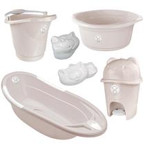 Kit banho bebe adoleta saboneteira + balde bacia lixeira e outros rosa translúcido