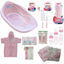 Kit banho bebê banheira 22l + enxoval com chupeta mamadeira roupão fralda e itens higiene Kit banho bebê banheira 22l + enxoval com chupeta mamadeira roupão fralda e itens higiene