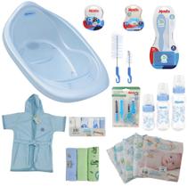 Kit banho bebê banheira 22l + enxoval com chupeta mamadeira roupão fraldaeitenshigiene