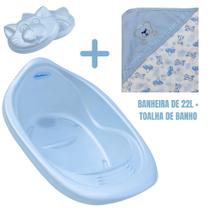 Kit banho bebê banheira 22l + toalha fralda com capuz e bordado + saboneteira plastibaby