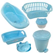 Kit banho bebe banheira + cesto lixeira saboneteira e outros azul