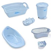 Kit banho bebe banheira + cesto lixeira saboneteira e outros azul perolado