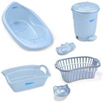 Kit banho bebe banheira + cesto lixeira saboneteira e outros azul perolado