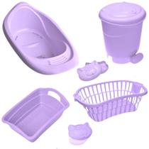 Kit banho bebe banheira + cesto lixeira saboneteira e outros lilás