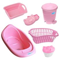 Kit banho bebe banheira + cesto lixeira saboneteira e outros rosa - LET BABY BOLSAS DE MATERNIDADE