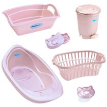 Kit banho bebe banheira + cesto lixeira saboneteira e outros rosa perolada