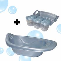 KIT BANHO BEBE BANHEIRA, ORGANIZADO, PORTA ALGODÃO/COTONETE Cor:Azul Perolado