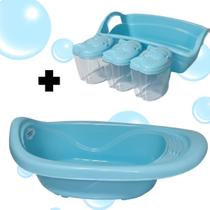 KIT BANHO BEBE BANHEIRA, ORGANIZADO, PORTA ALGODÃO/COTONETE Cor:Azul