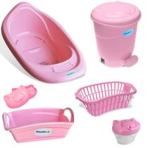 Kit banho bebe plastibaby 6 pçs banheira cesto lixeira saboneteira porta algodão e organizador infantil