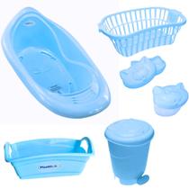 Kit banho bebe plastibaby 6 pçs banheira cesto lixeira saboneteira porta algodão e organizador infantil