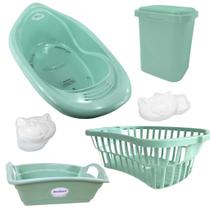 Kit banho bebe plastibaby 6 pçs banheira cesto lixeira saboneteira porta algodão e organizador infantil