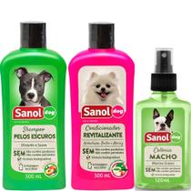 Kit banho Cachorro: Shampoo Pelos Escuros, Condicionador Revitalizante e Perfume colônia cães Machos Sanol