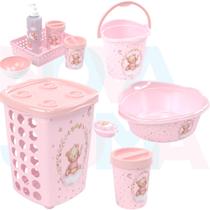 Kit Banho Cesto,lixeira,saboneteira,balde,bacia,kit higiene Ursa Rosa - plasutil