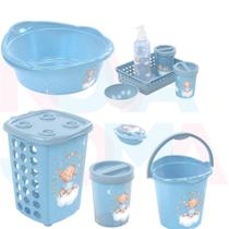 Kit Banho Cesto,lixeira,saboneteira,balde,bacia,kit higiene urso azul - plasutil