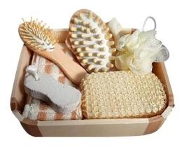 Kit Banho com 6 Peças Higiene Pessoal Cesta Estojo de Madeira - Esponja, Bucha, Escova