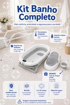 Kit Banho Completo Banheira retrátil 43 Litros Cor Cinza e Branco com termômetro, Assento Redutor Recém Nascido Suporte Articulado Brinde Copo Enxágue Kit Banho Completo Banheira retrátil 43 Litros Cor Cinza e Branco com termômetro, Assento Redutor Recém Nascido Suporte Articulado Brinde Copo Enxágue