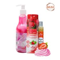 Kit banho de morango c/ sabonete íntimo e perfume de calcinha e gel beijável body girl morango