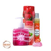 Kit banho de morango c/ sabonete intimo e perfume de calcinha e gel beijavel morango phallebeauty