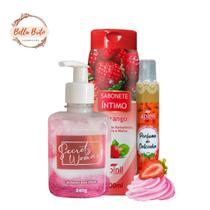 Kit banho de morango c/ sabonete íntimo e perfume de calcinha morango e gel beijável secrets woman