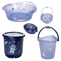Kit banho do bebê 5 peças bacia decorada ludica plasutil + balde + lixeira + saboneteira