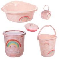 Kit banho do bebê 5 peças bacia decorada ludica plasutil + balde + lixeira + saboneteira