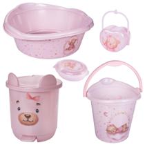Kit banho do bebê 5 peças bacia decorada ludica plasutil + balde + lixeira + saboneteira