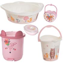 Kit banho do bebê 5 peças bacia decorada ludica plasutil + balde + lixeira + saboneteira