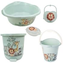 Kit banho do bebê 5 peças bacia decorada ludica plasutil + balde + lixeira + saboneteira