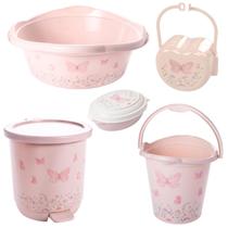Kit banho do bebê 5 peças bacia decorada ludica plasutil + balde + lixeira + saboneteira