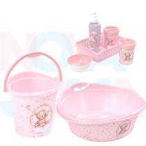 Kit Banho Do Bebe Balde,bacia, Kit Higiene Ursa Rosa - plasutil