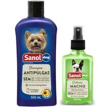 Kit banho e controle de pulgas cães: Shampoo Antipulga e Colonia Perfume Para Cães Machos Marine Green Sanol