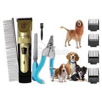 Kit Banho Máquina Profissional Tosa Pet Recarregável Bivolt + Lixa + Pente e Alicate Cortador Unhas