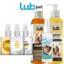 Kit Banho Para Cachorros e Gatos Shampoo 300ml + Leave In 300ml + 3 Perfumes 60ml + Limpa Lagrimas Lub Pet