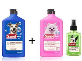 Kit Banho para cães: Shampoo Anti pulga para cachorro + Condicionador Revitalizante + Colonia Perfume Cães Macho Sanol Dog